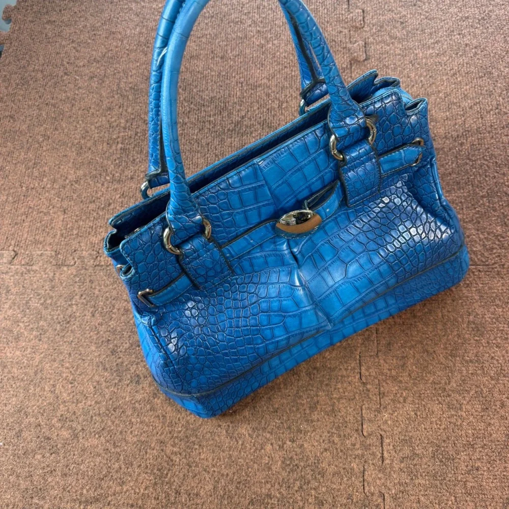Anais Gvani New York Blue Croc Embossed Satchel Handbag Gold Hardware rare cool
